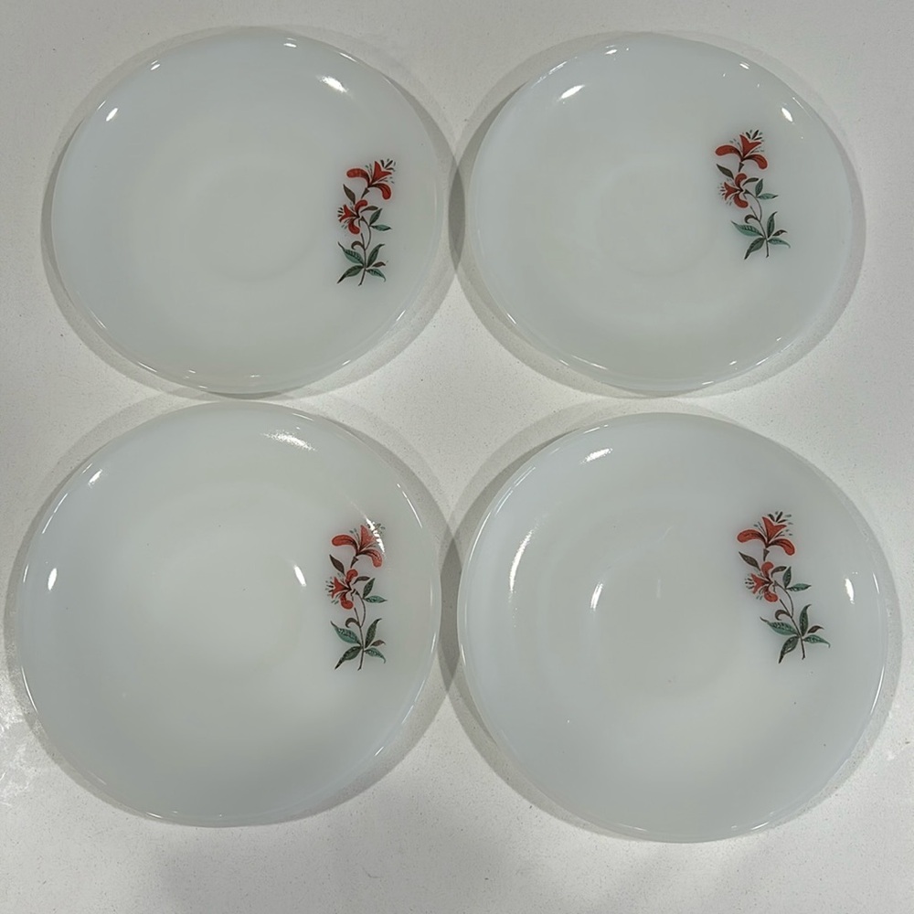 Set of 4 Rare Fire King Oven Ware Honeysuckle Saucers